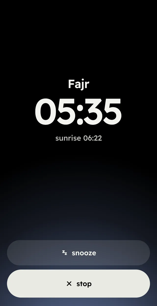 the Fajr alarm ringing at 05:35, sunrise at 06:22, with snooze and stop